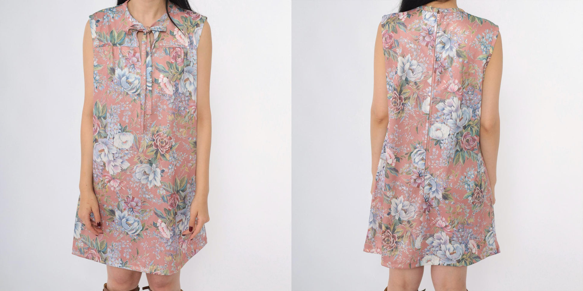 70s Mod Floral Shift Dress Dusty Pink Keyhole Tie Neck Sleeveless Mini Large L