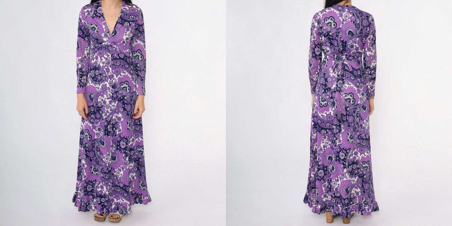 70s Purple Paisley Floral Maxi Dress Empire Waist V Neck Long Sleeve Medium