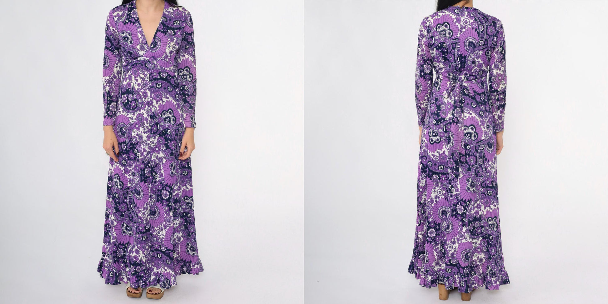 70s Purple Paisley Floral Maxi Dress Empire Waist V Neck Long Sleeve Medium