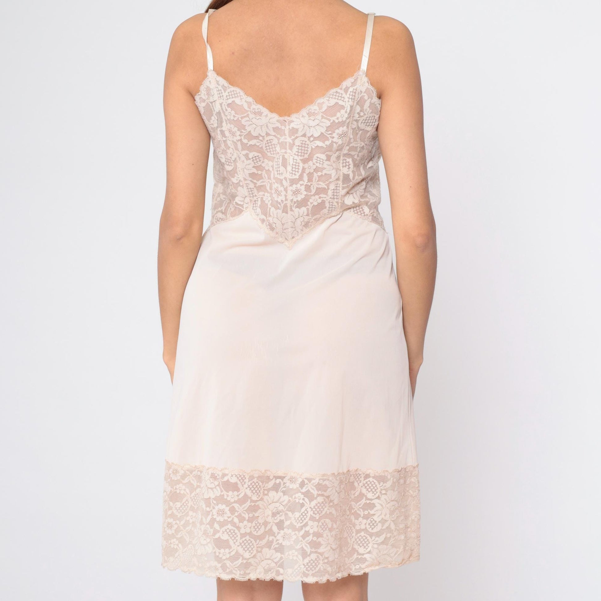 70s Vanity Fair Slip Dress Blush Beige Lace Trim Empire Waist Mini Medium