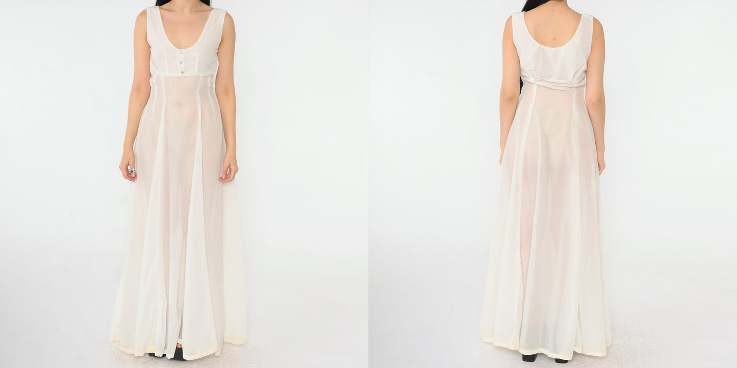 1940s Sheer White Sleeveless Gown Rhinestone Button Empire Waist Floor-Length Small