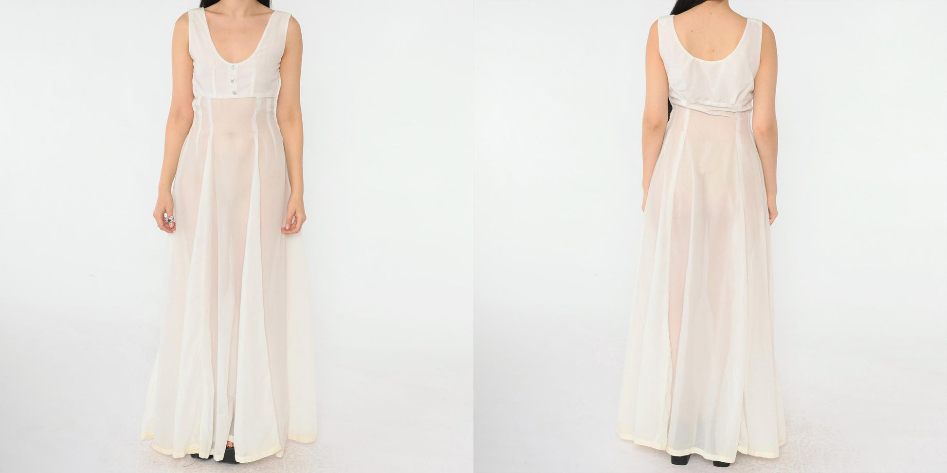 1940s Sheer White Sleeveless Gown Rhinestone Button Empire Waist Floor-Length Small