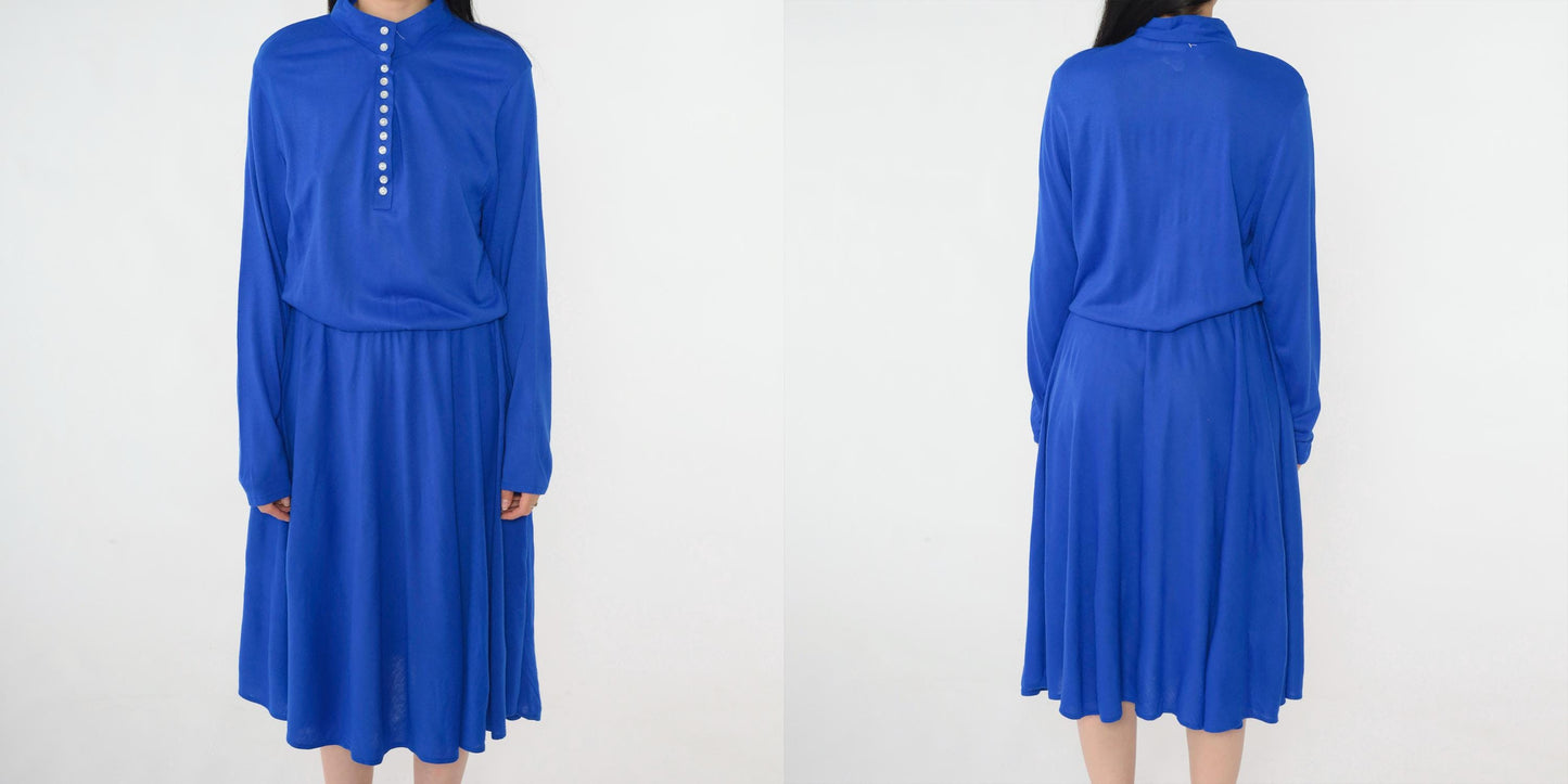 80s Royal Blue Midi Shirtdress Button-Up High Elastic Waist Long Sleeve Medium