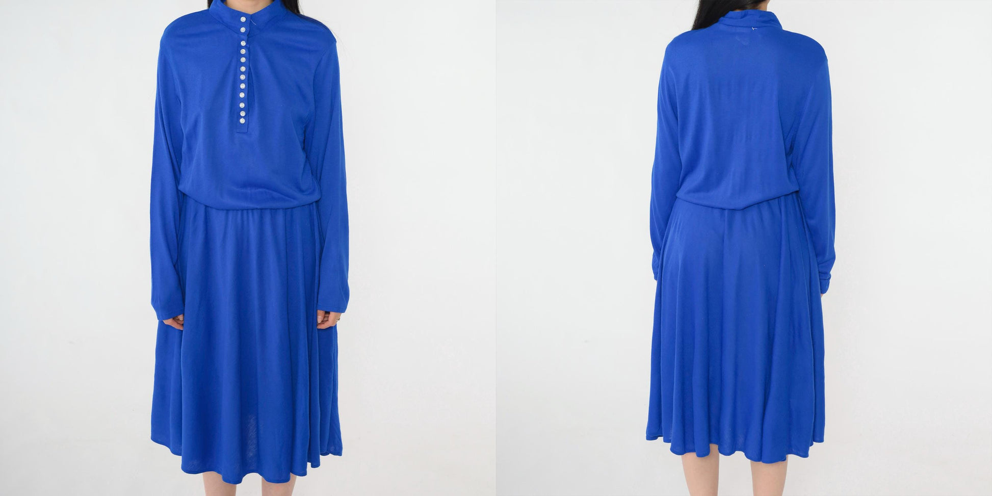 80s Royal Blue Midi Shirtdress Button-Up High Elastic Waist Long Sleeve Medium
