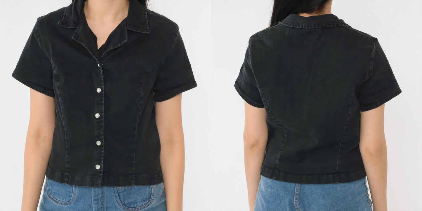 90s Black Pearl Snap Button Blouse Short Sleeve Fitted Crop Small S