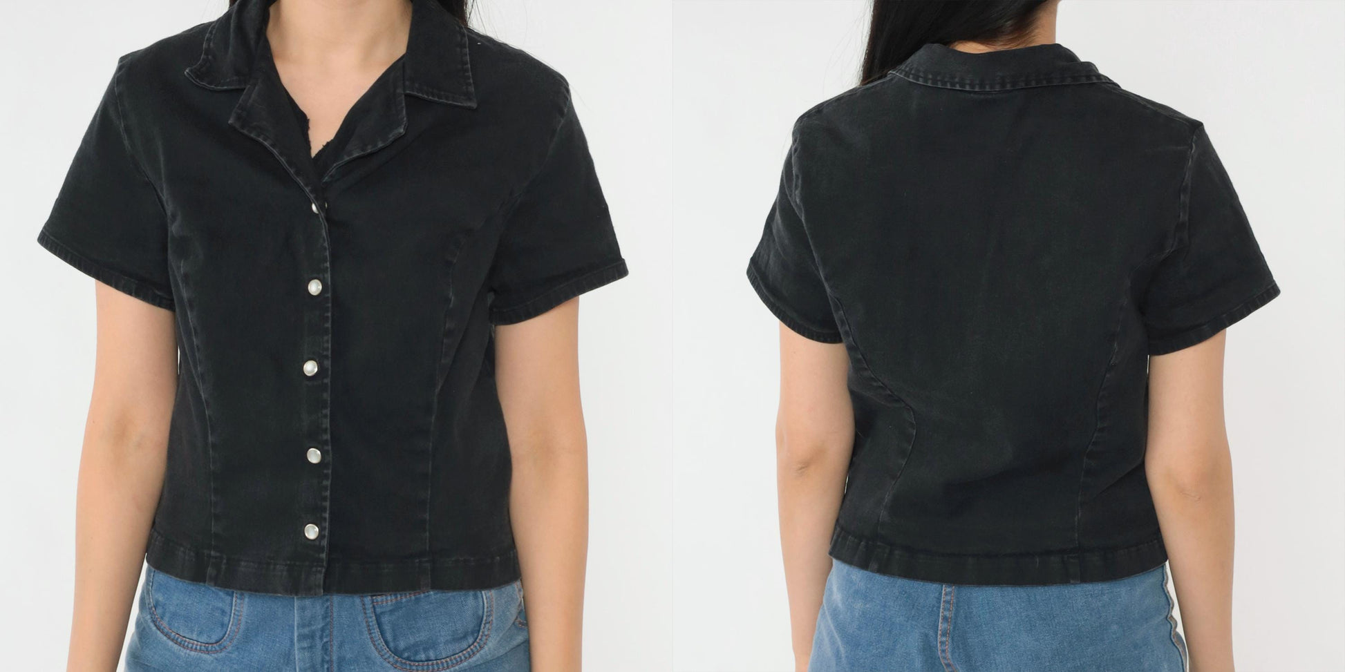 90s Black Pearl Snap Button Blouse Short Sleeve Fitted Crop Small S