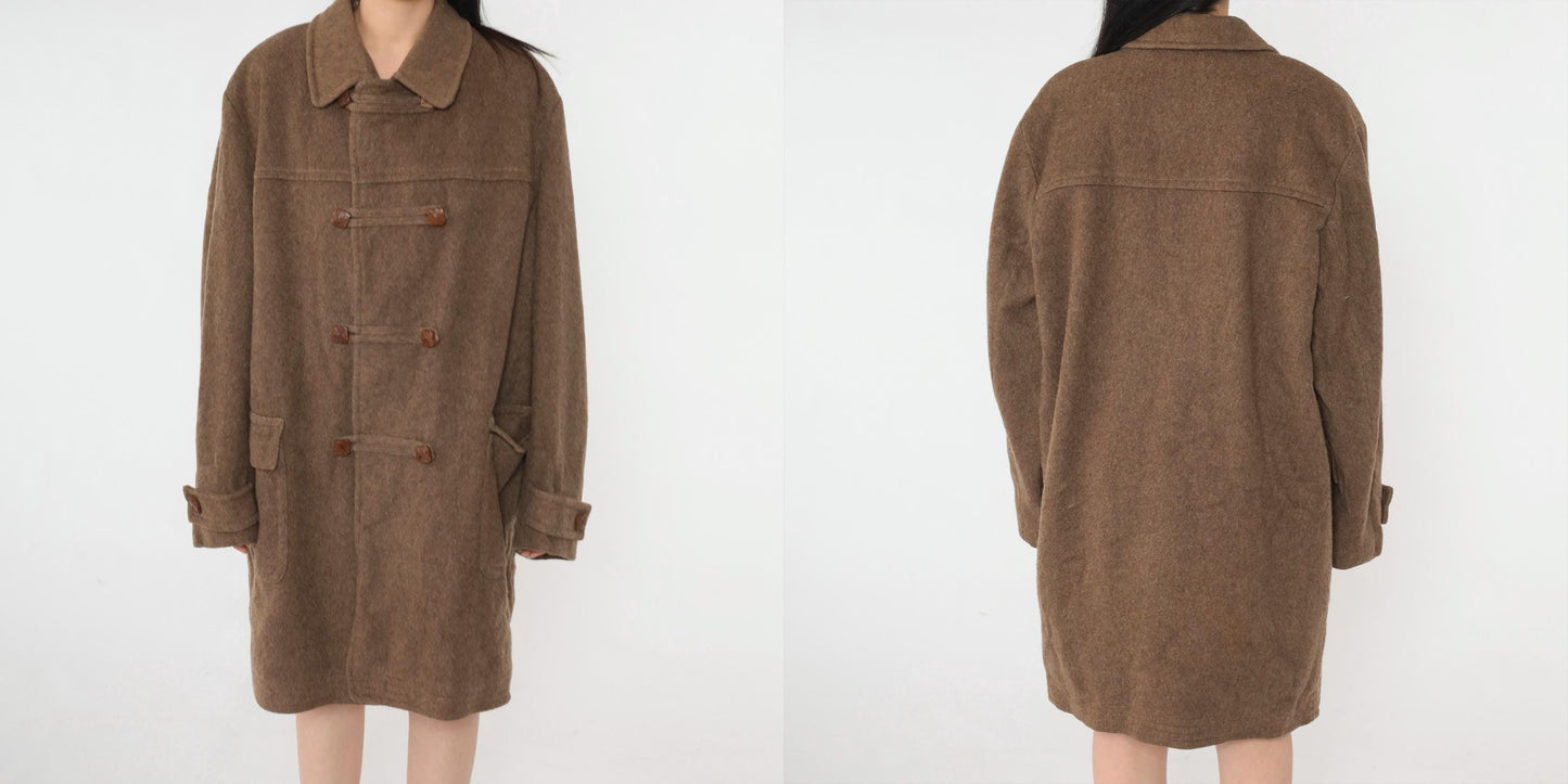 70s Loden King Alpine Wool Duffle Coat Brown Toggle Button Overcoat XL