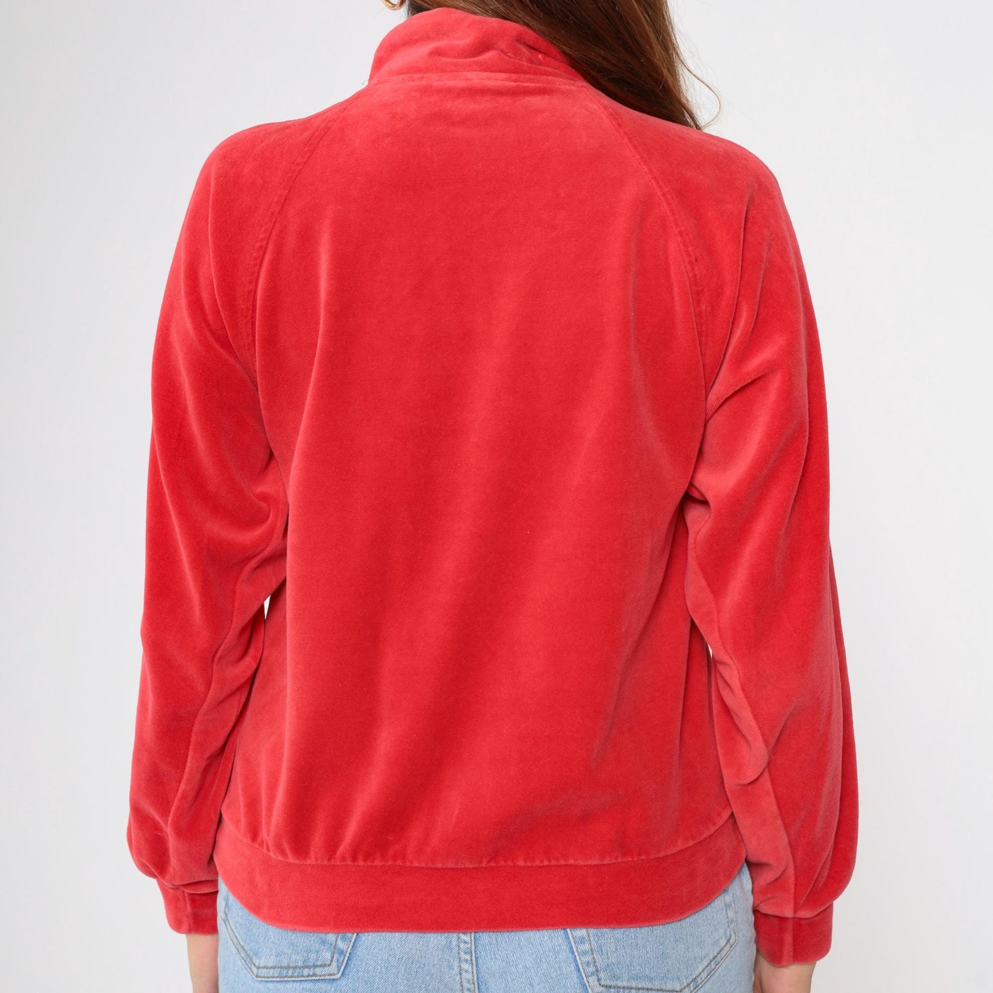 80s Red Velour Mock Neck Sweatshirt Button Front Pullover Medium M