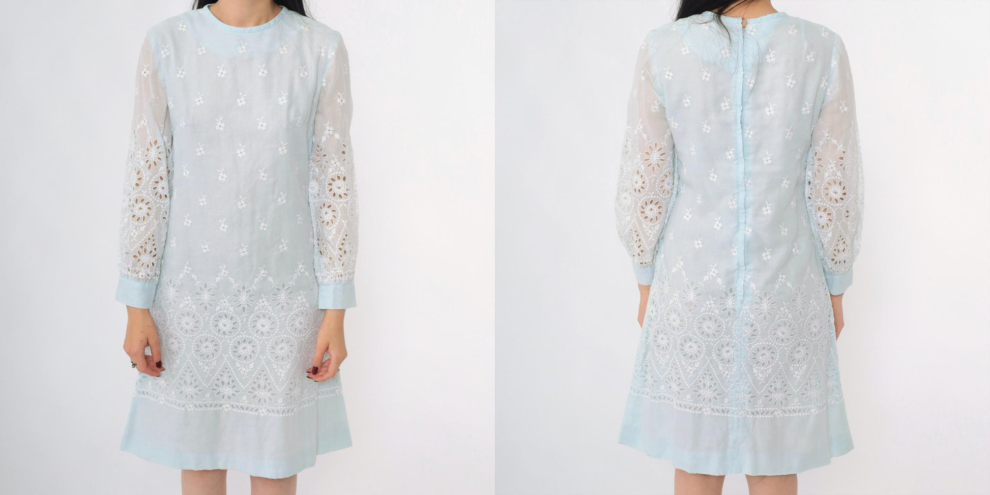 60s Howard Wolf Baby Blue Eyelet Lace Mini Dress Long Sleeve Small S