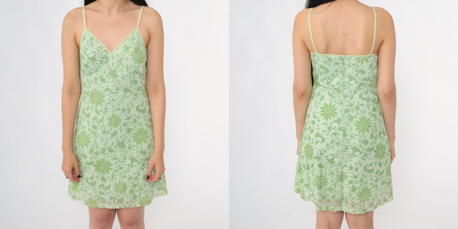 Y2K Green Floral Mesh Mini Dress Spaghetti Strap Empire Waist Small