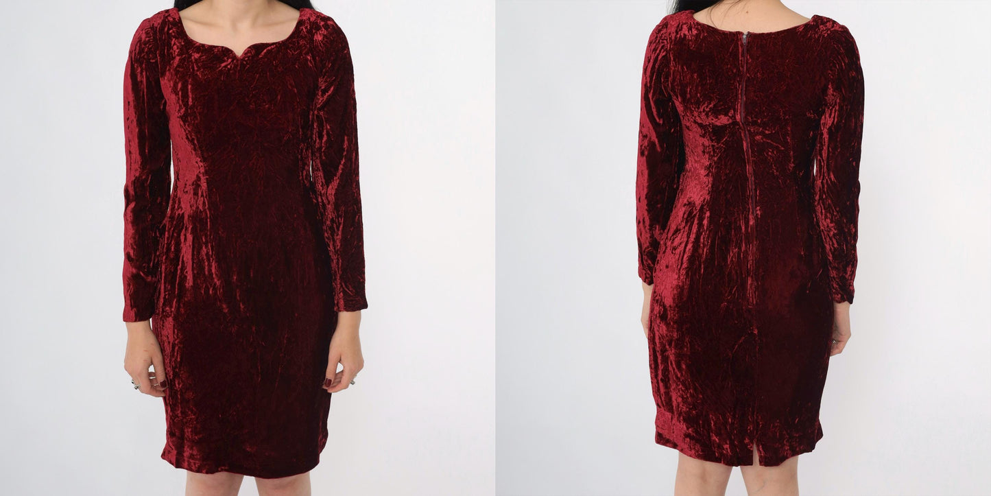 80s Burgundy Velvet Puff Sleeve Dress Sweetheart Neckline Mini Extra Small