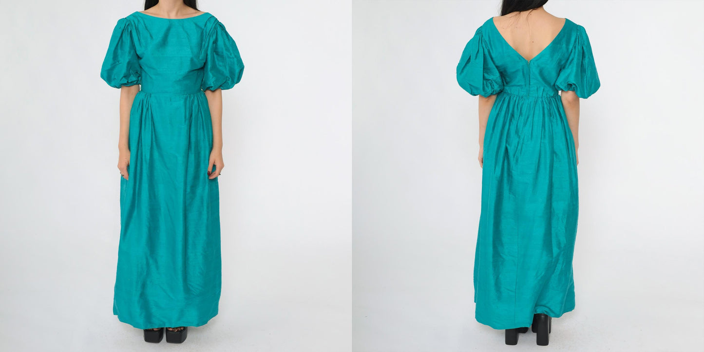 80s House of Bianchi Teal Silk Puff Sleeve Maxi Gown Low Back Extra Small
