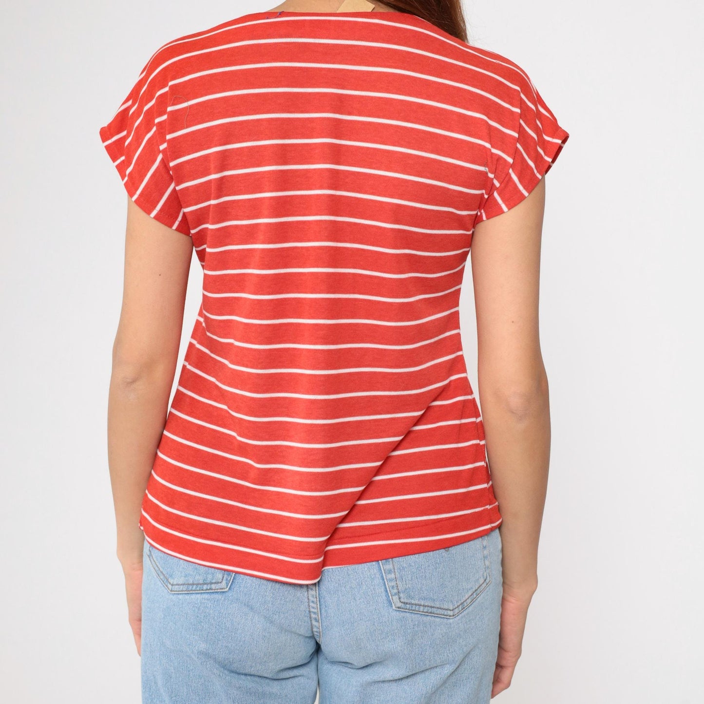 80s Red White Striped Cap Sleeve T-Shirt Gotham Vintage Small