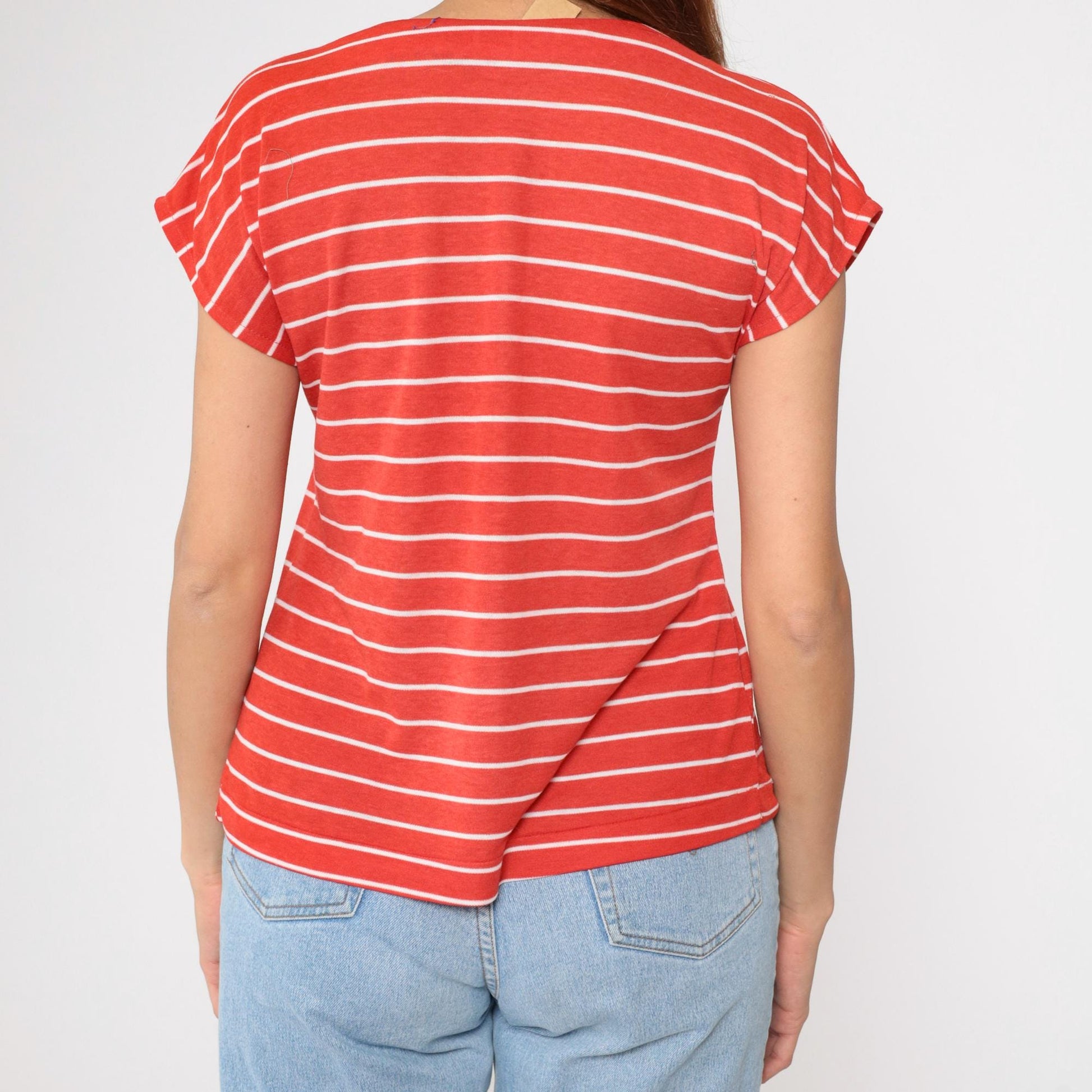 80s Red White Striped Cap Sleeve T-Shirt Gotham Vintage Small