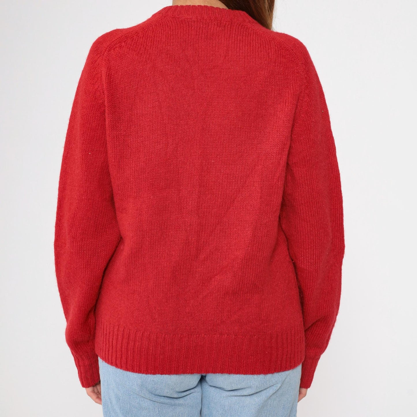 80s Red Wool Crewneck Sweater Plain Knit Pullover Medium M