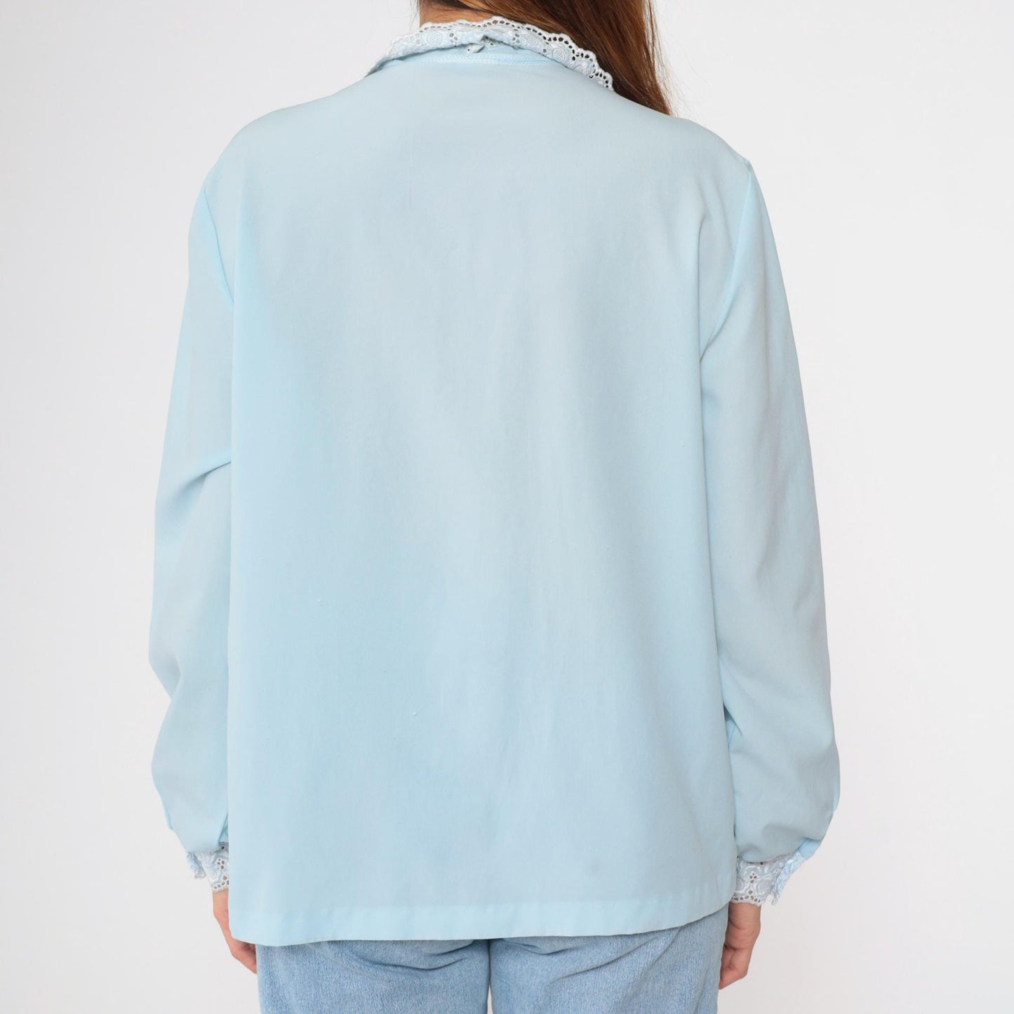 70s Baby Blue Floral Eyelet Lace Blouse Scalloped Collar Long Sleeve Large