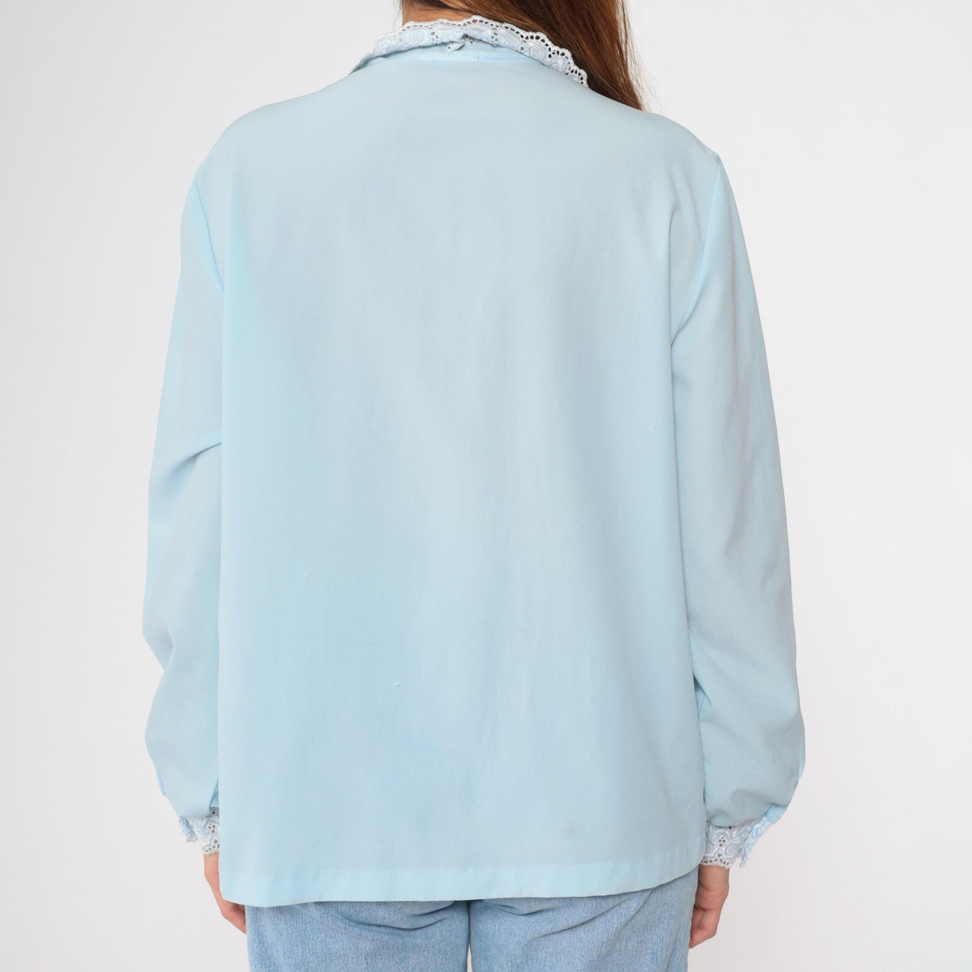 70s Baby Blue Floral Eyelet Lace Blouse Scalloped Collar Long Sleeve Large