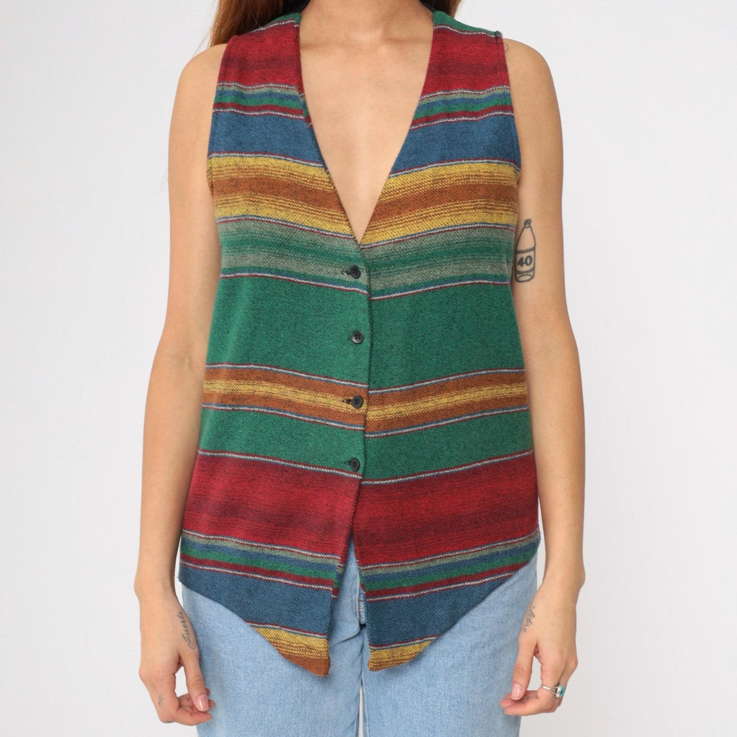 90s Striped Southwestern Woven Vest Multicolor V-Neck Button-Up Small