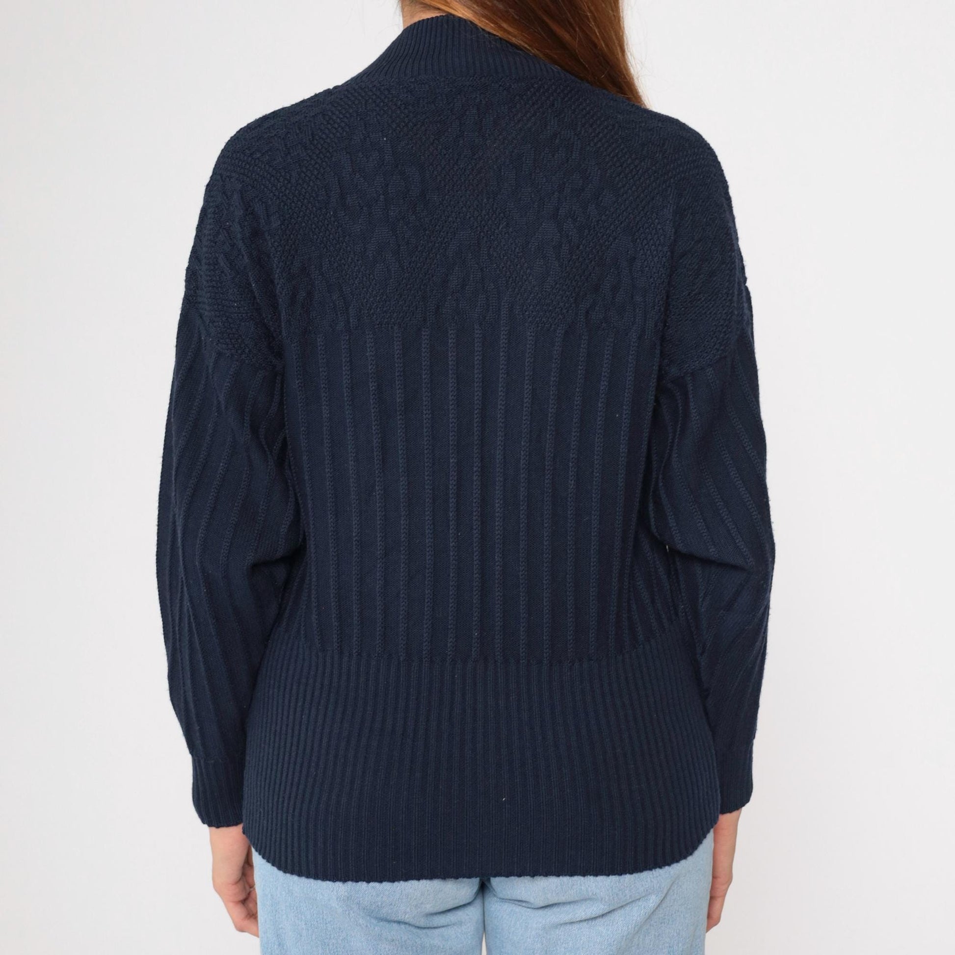 90s FILA Navy Wool Pullover Sweater Shawl Collar Ribbed Knit Small