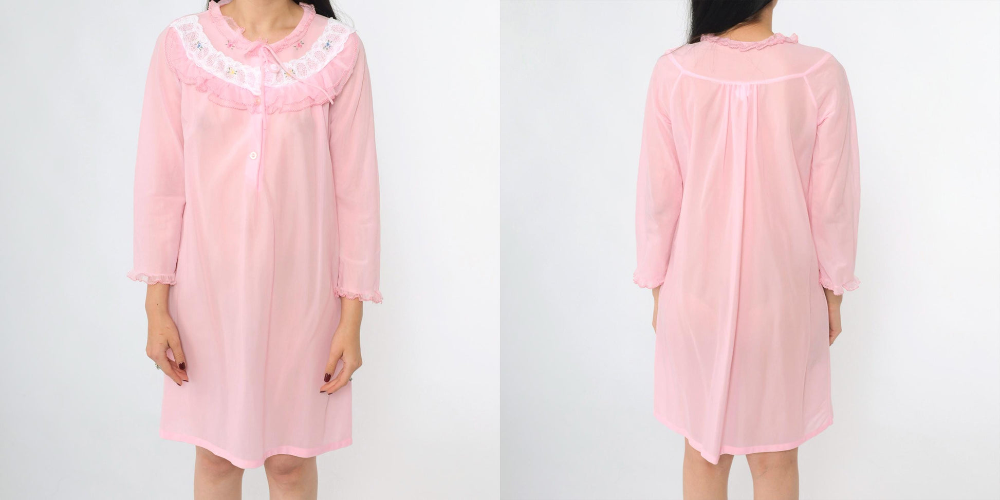 70s Pink Nylon Nightgown Ruffled Lace Collar Floral Embroidery Long Sleeve Small