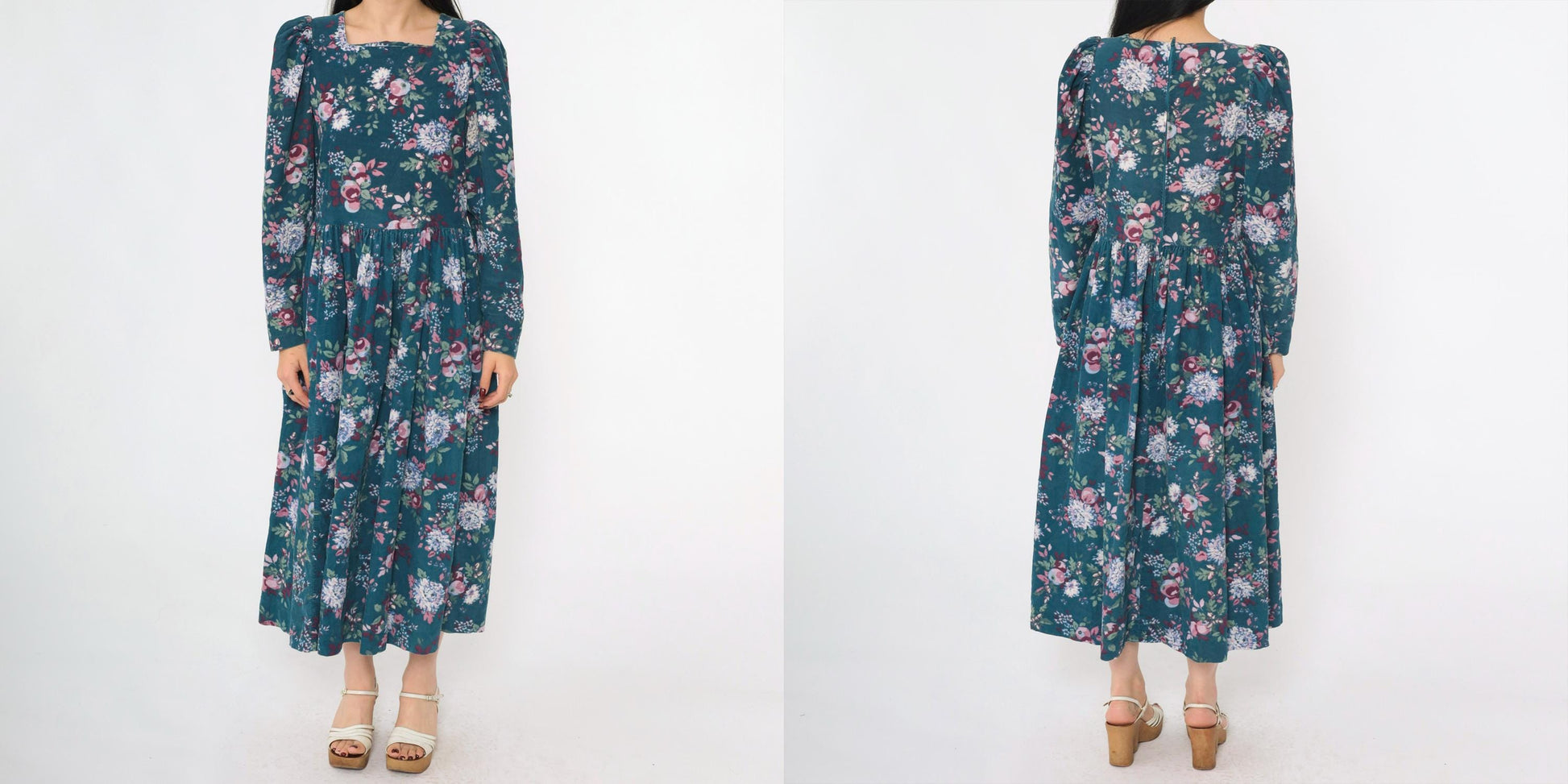 80s Laura Ashley Corduroy Floral Midi Dress Teal Puff Sleeve Medium