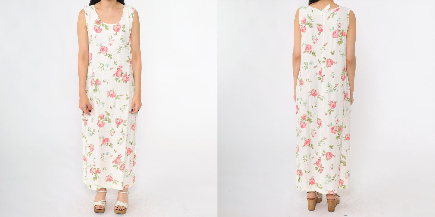 90s Pink Floral White Maxi Dress Sleeveless Scoop Neck Side Slit Medium