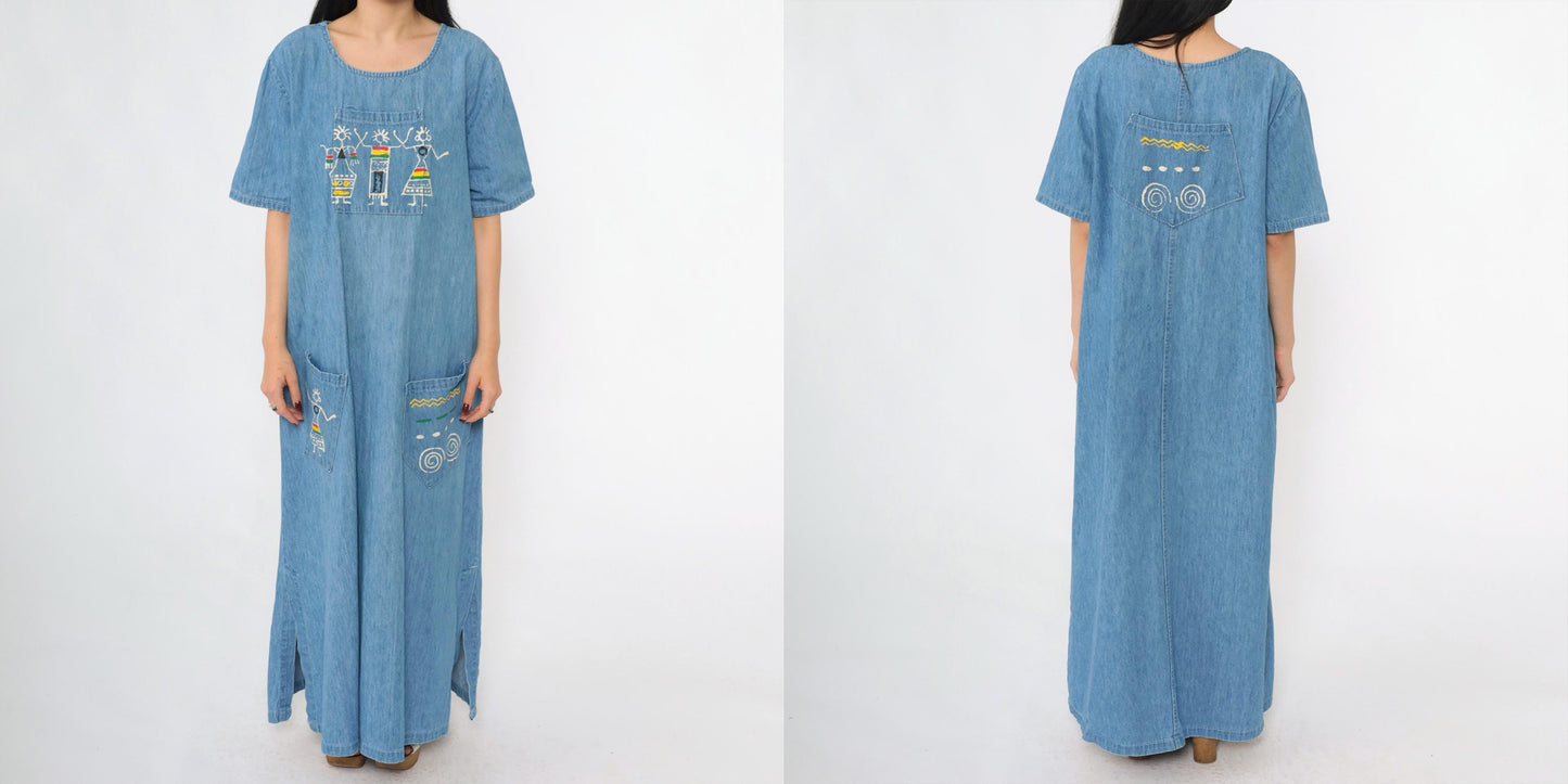 90s Over Charge Blue Denim Maxi Dress Reggae Graphic Short Sleeve Medium M