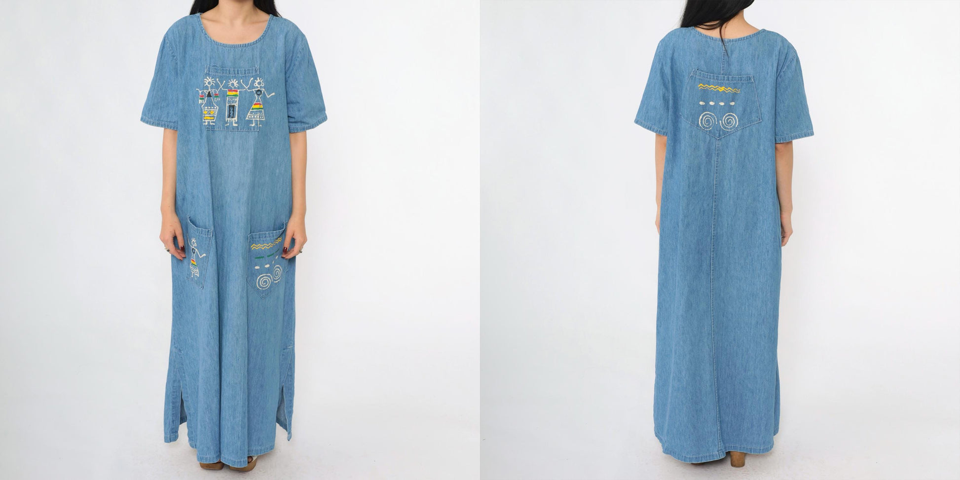 90s Over Charge Blue Denim Maxi Dress Reggae Graphic Short Sleeve Medium M