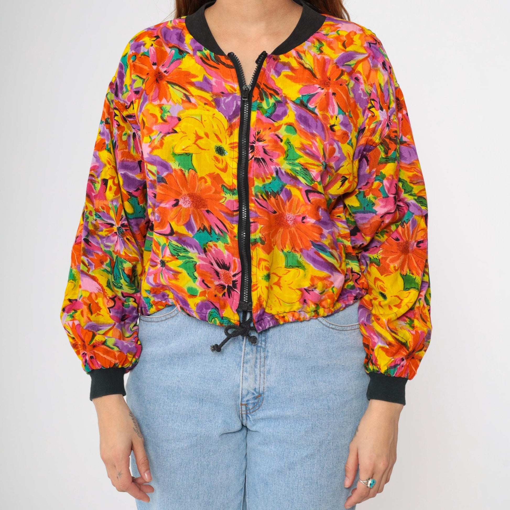 90s Floral Abstract Bomber Jacket Windbreaker Cropped Zip Drawstring Small
