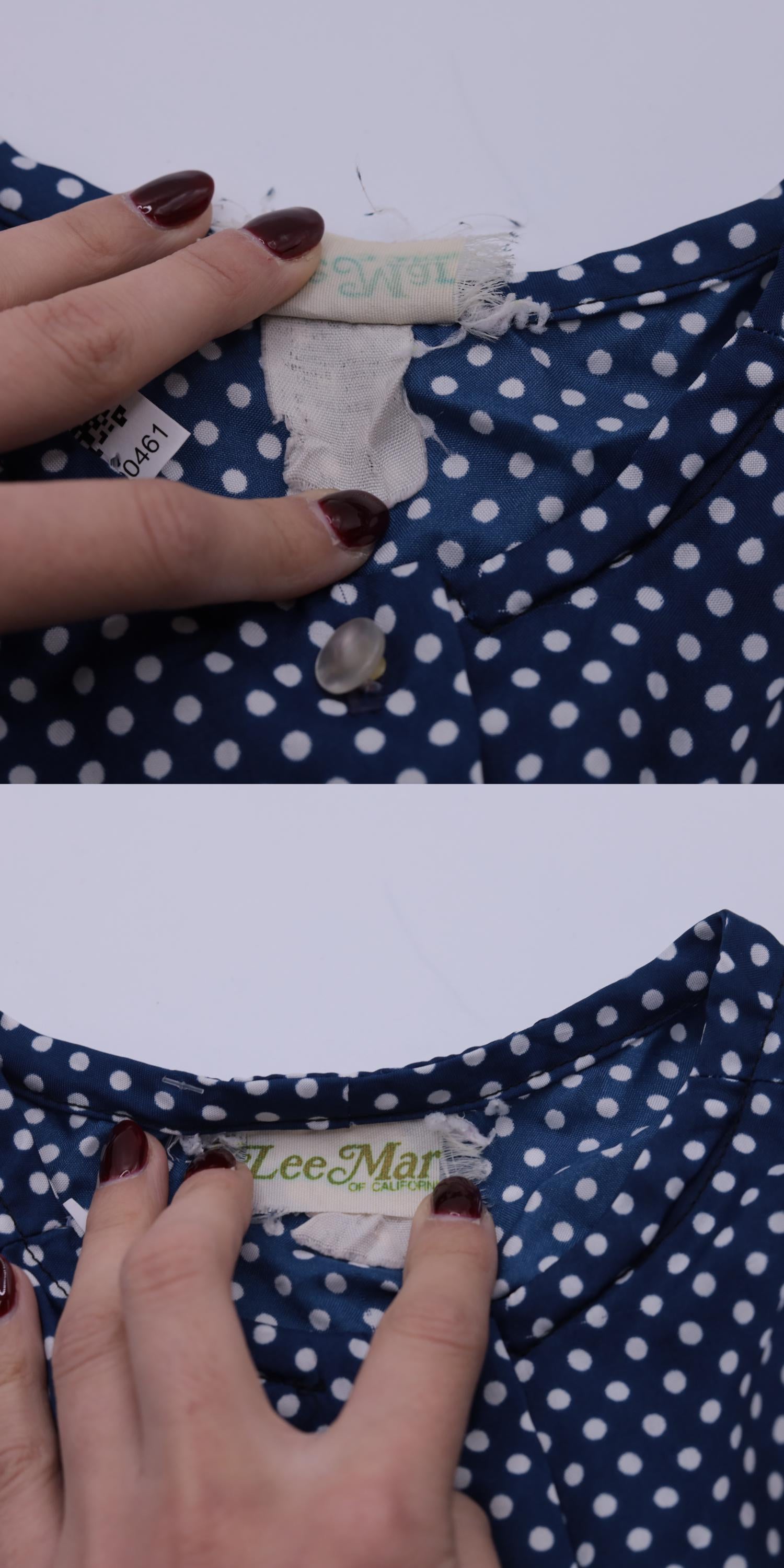70s Blue Polka Dot Button Up Blouse Cropped Short Sleeve Pearl Buttons Medium