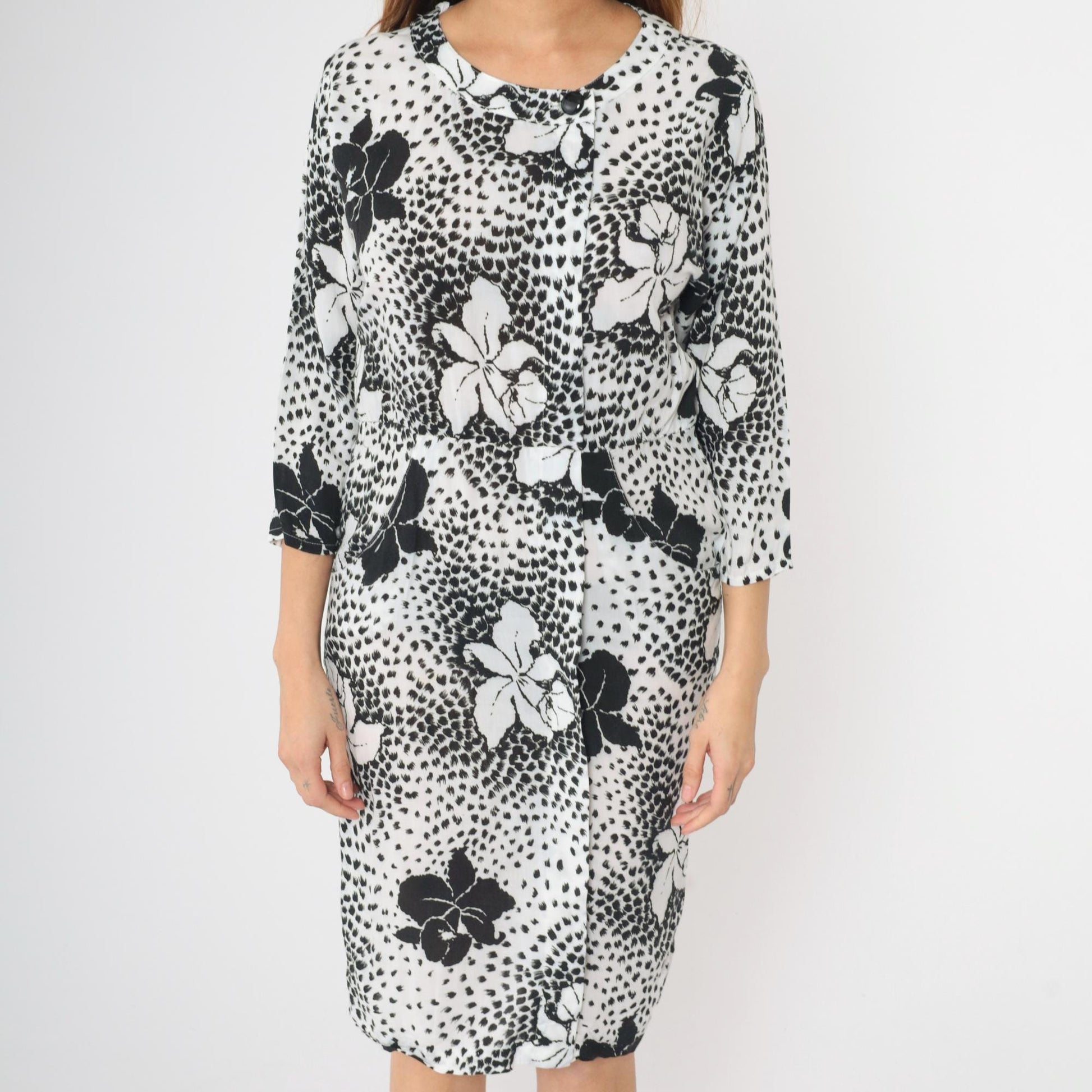 80s Black White Tropical Floral Midi Dress High Waist Pencil Long Sleeve Small