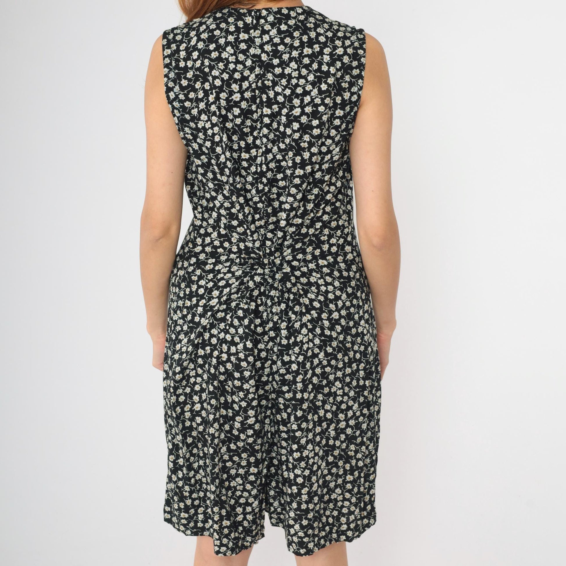 90s Black Floral Romper Dress Wide Leg Sleeveless Button Front Large