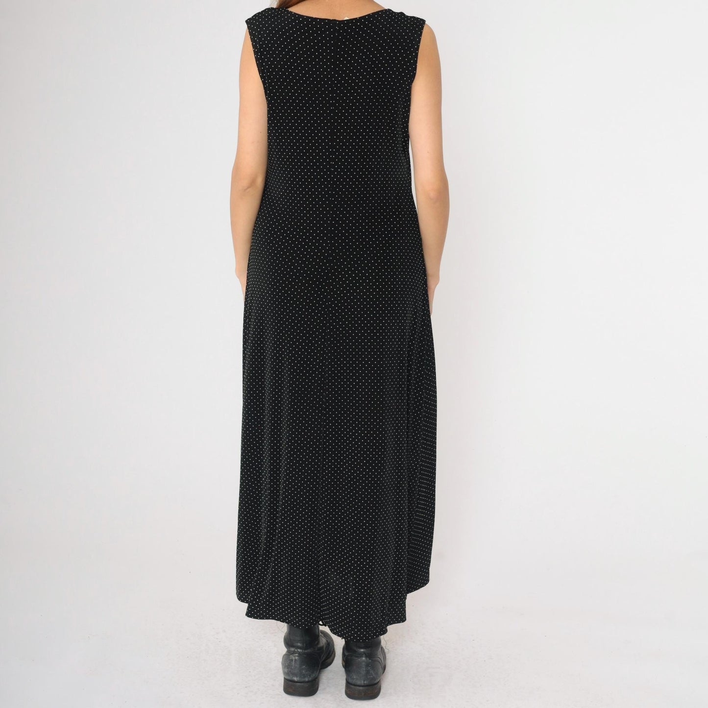 90s Ronni Nicole Black Polka Dot Maxi Dress Sleeveless Round Neck Large 14