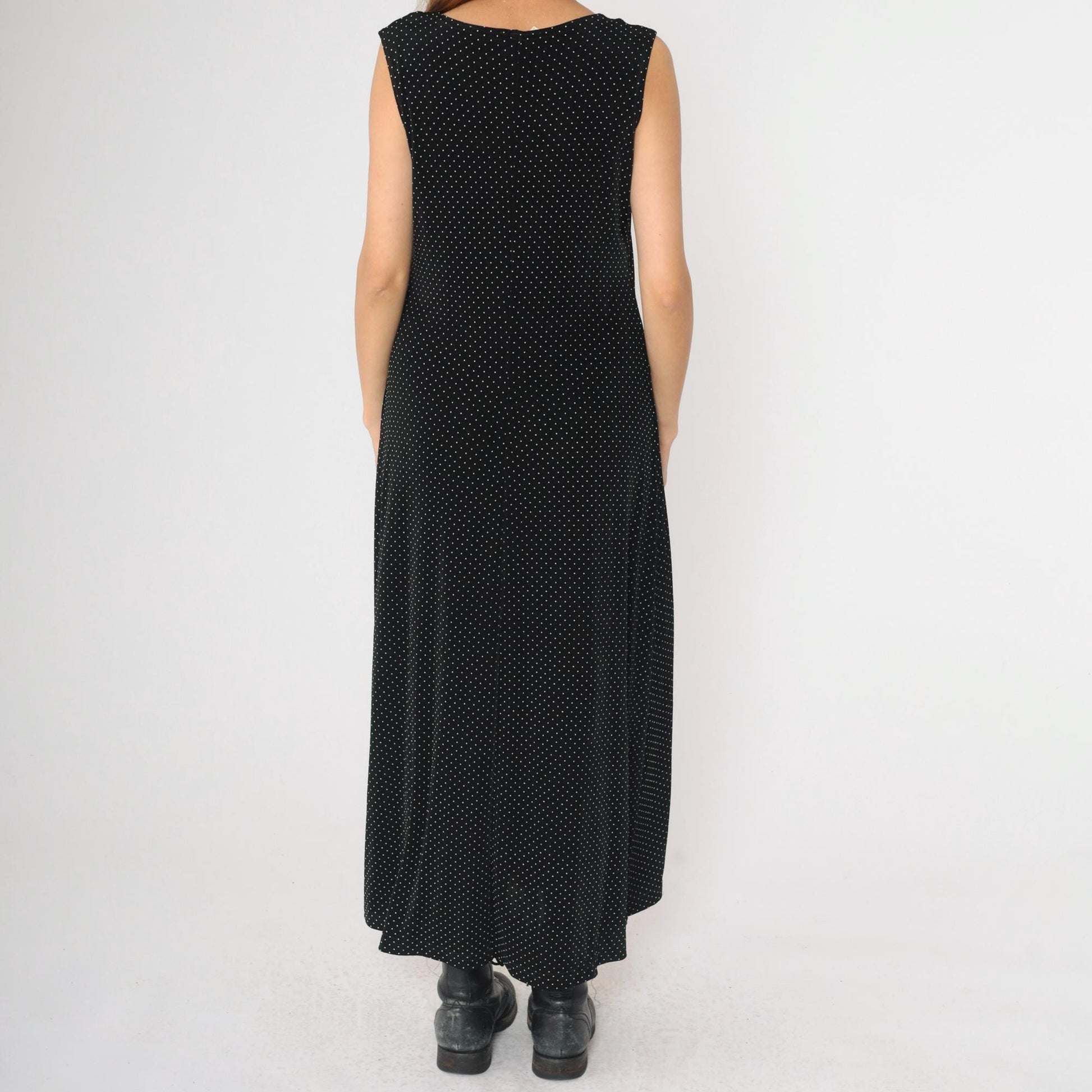 90s Ronni Nicole Black Polka Dot Maxi Dress Sleeveless Round Neck Large 14