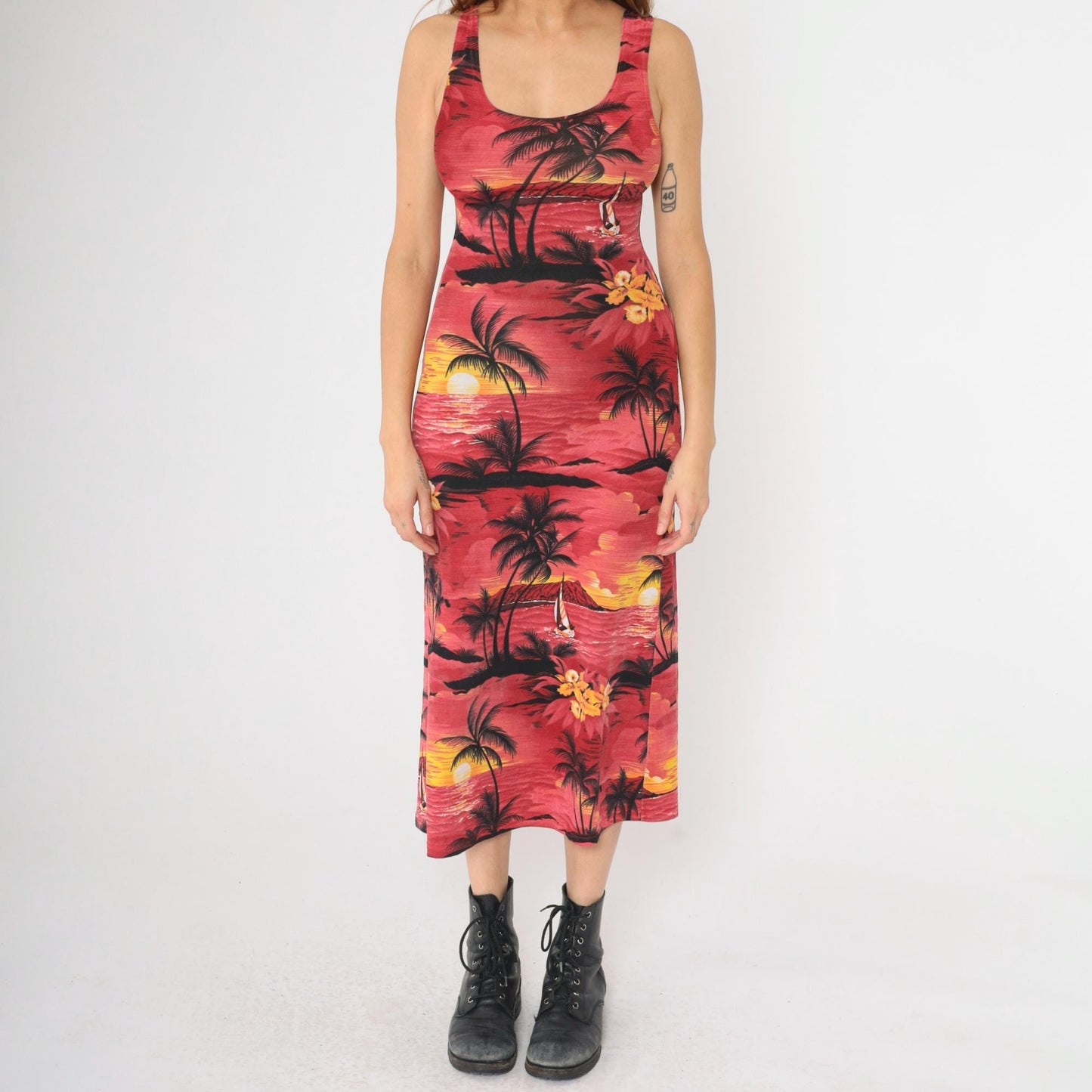90s Hawaiian Tropical Midi Bodycon Dress Red Palm Tree Print Small S