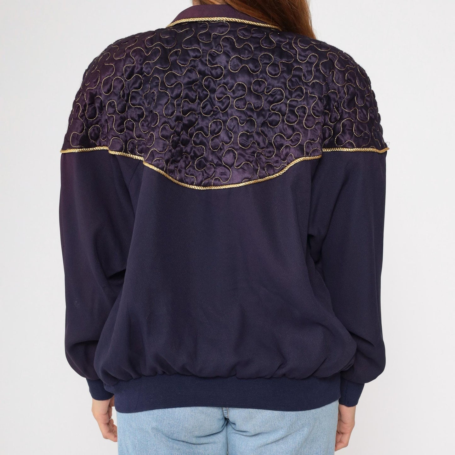90s Purple Quilted Windbreaker Jacket Gold Trim Western Yoke Bomber Large L