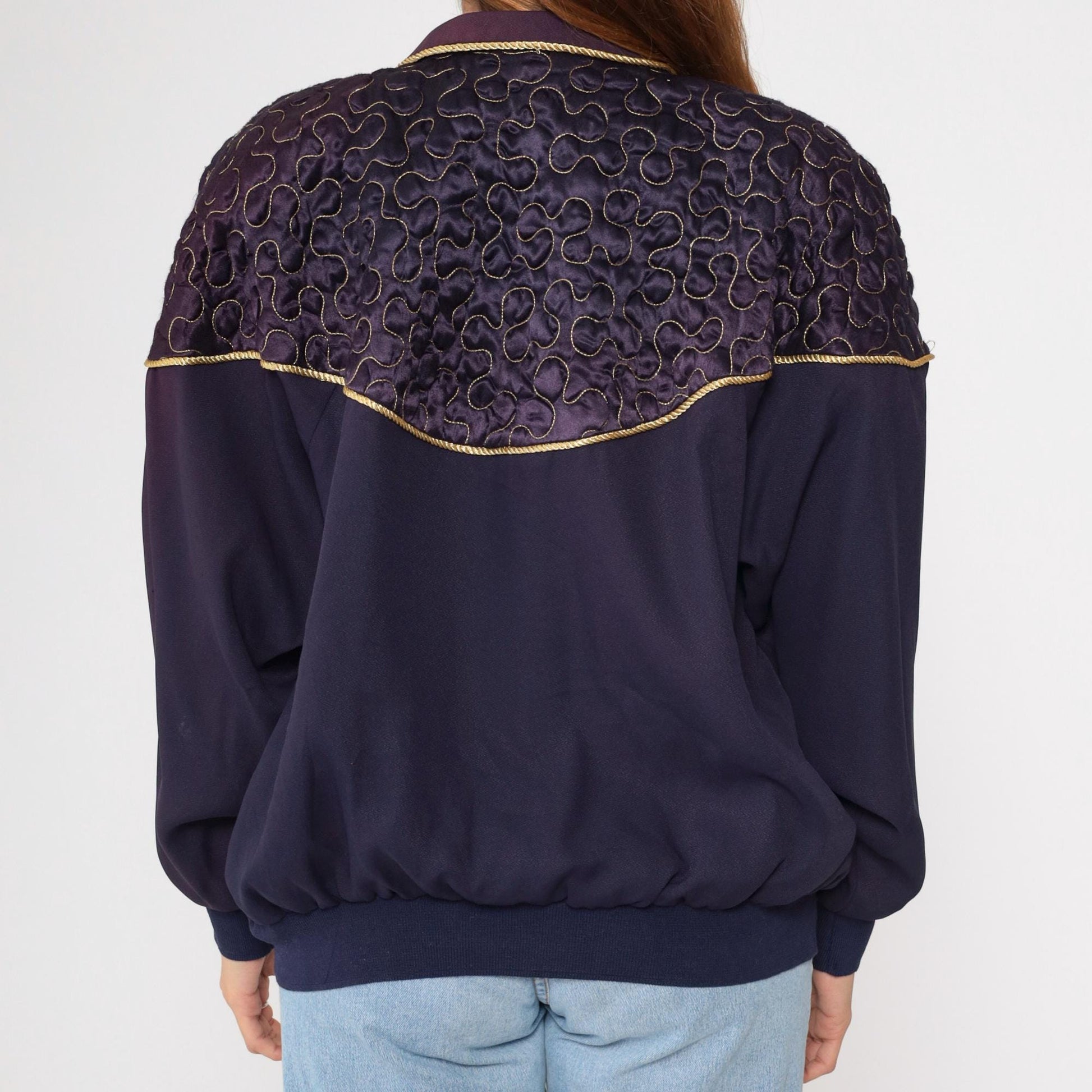 90s Purple Quilted Windbreaker Jacket Gold Trim Western Yoke Bomber Large L