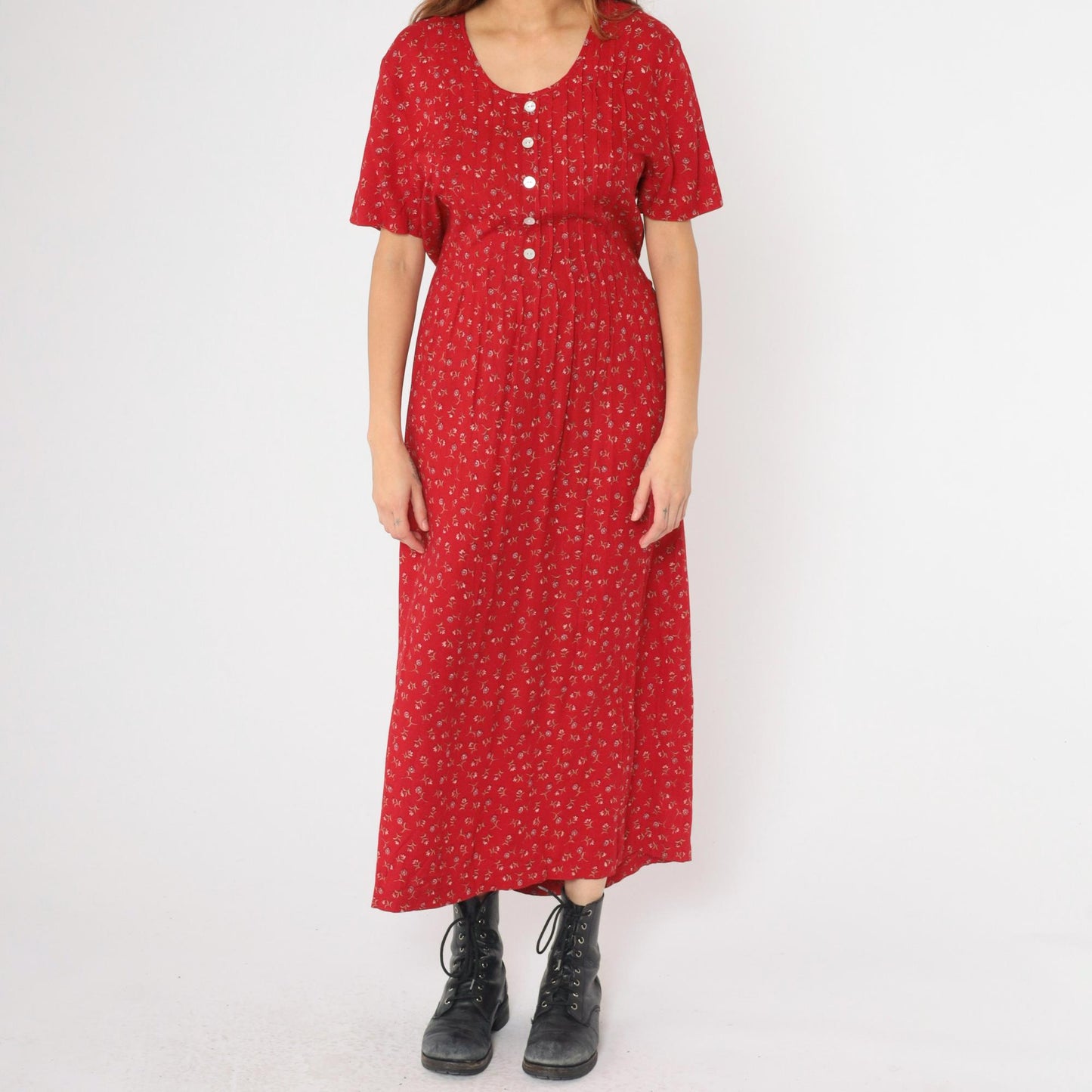 90s Betsy Lauren Red Floral Maxi Dress Scoop Neck Short Sleeve Medium