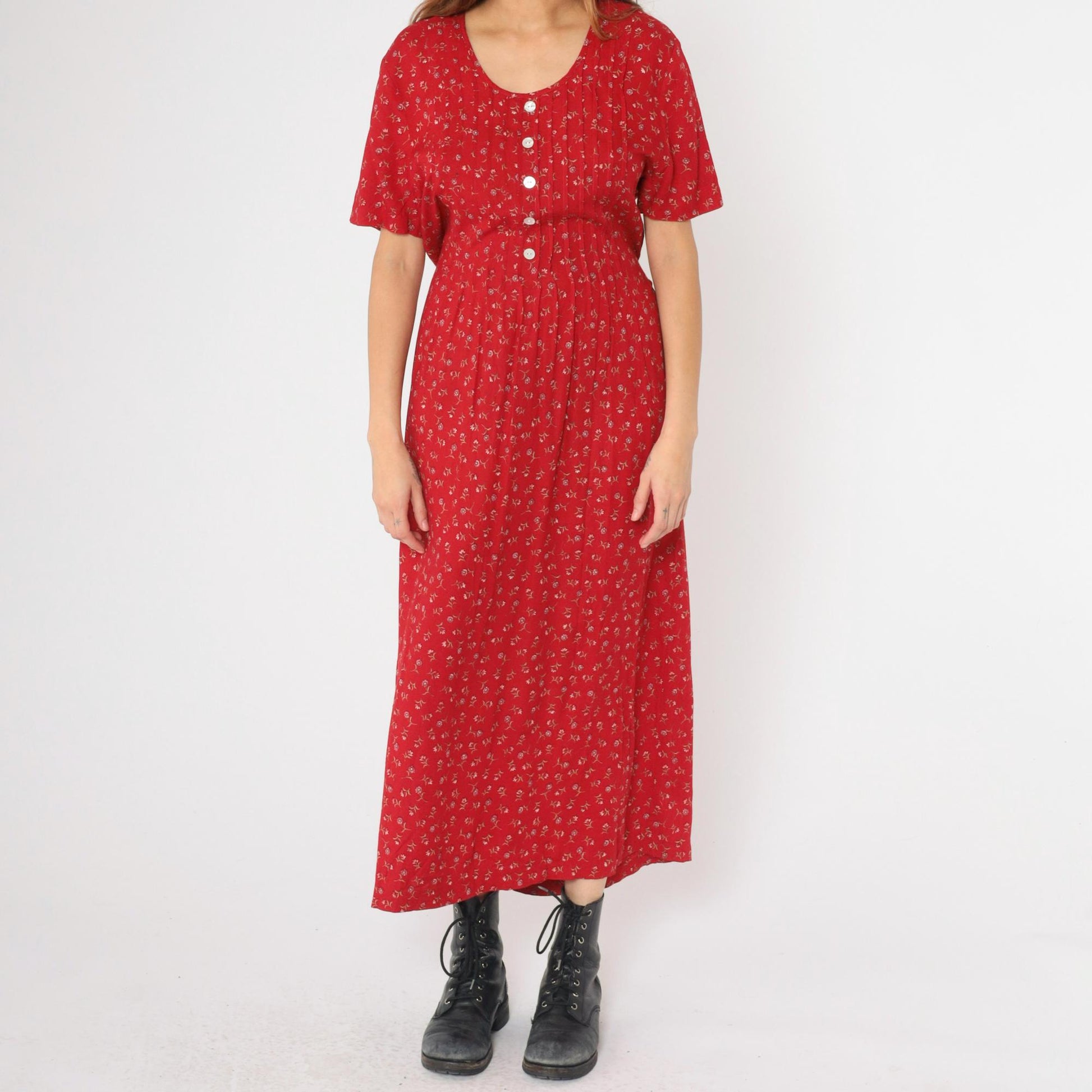 90s Betsy Lauren Red Floral Maxi Dress Scoop Neck Short Sleeve Medium