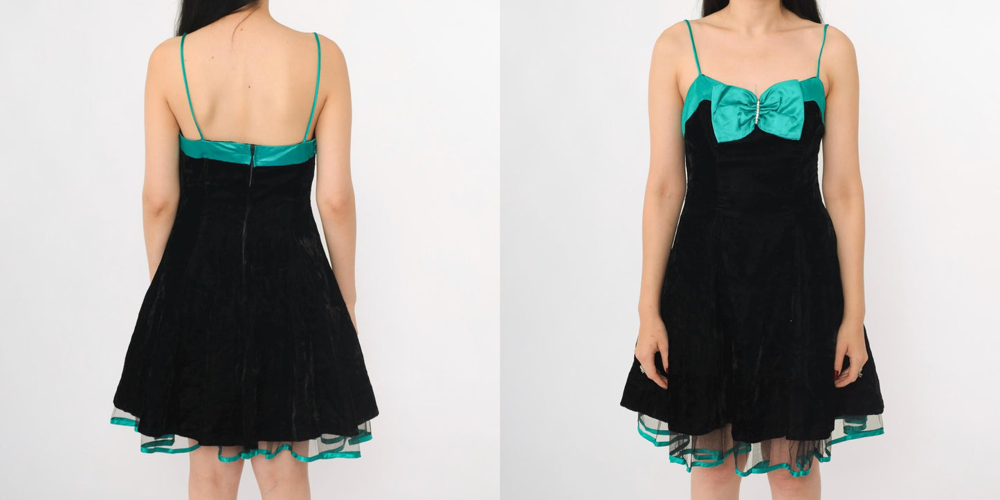 80s Black Velvet Mini Dress Teal Bow Sweetheart Neckline Spaghetti Strap Extra Small