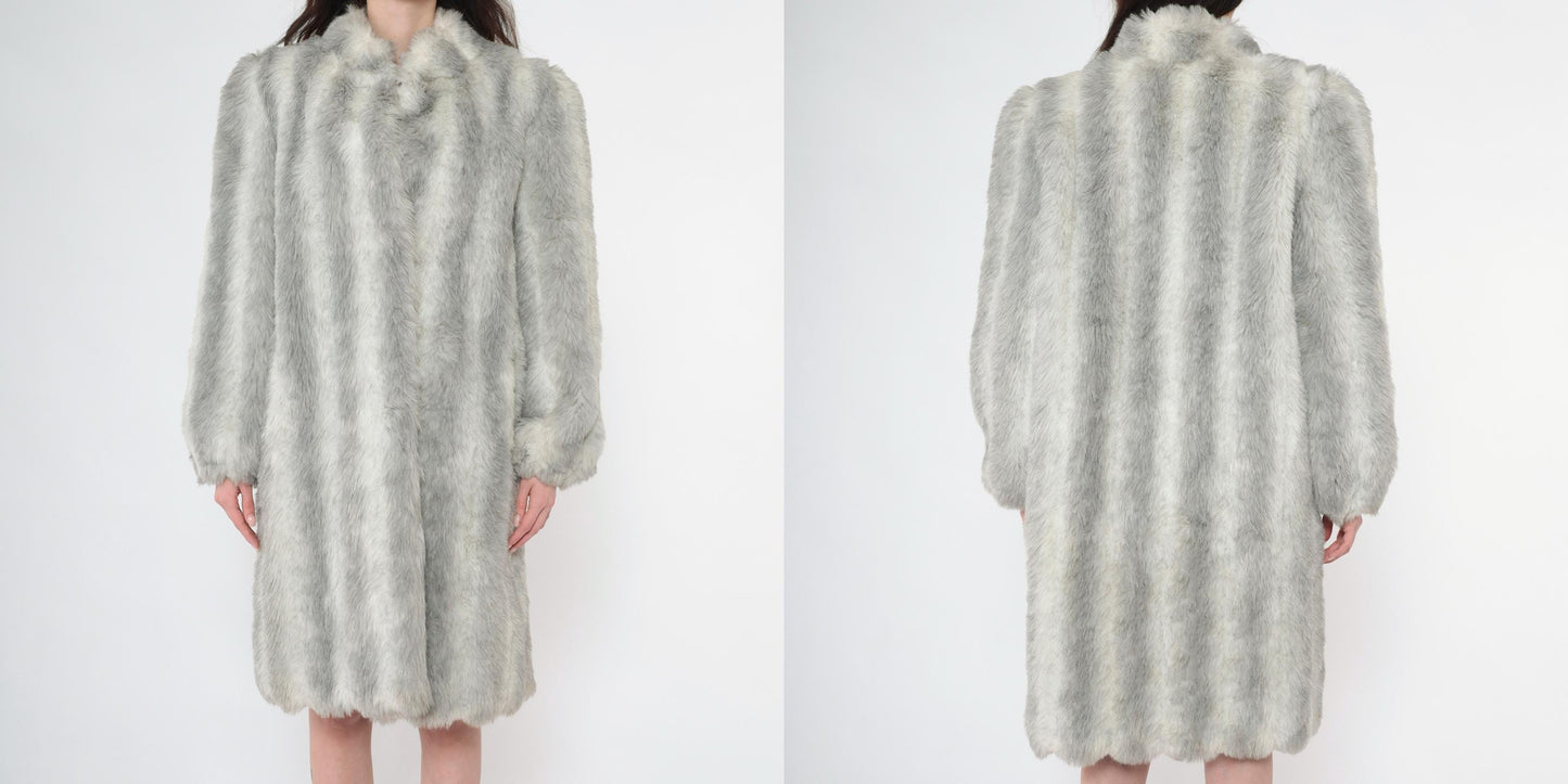 90s Grey Faux Fur Coat Hook Closure Winter Jacket Medium