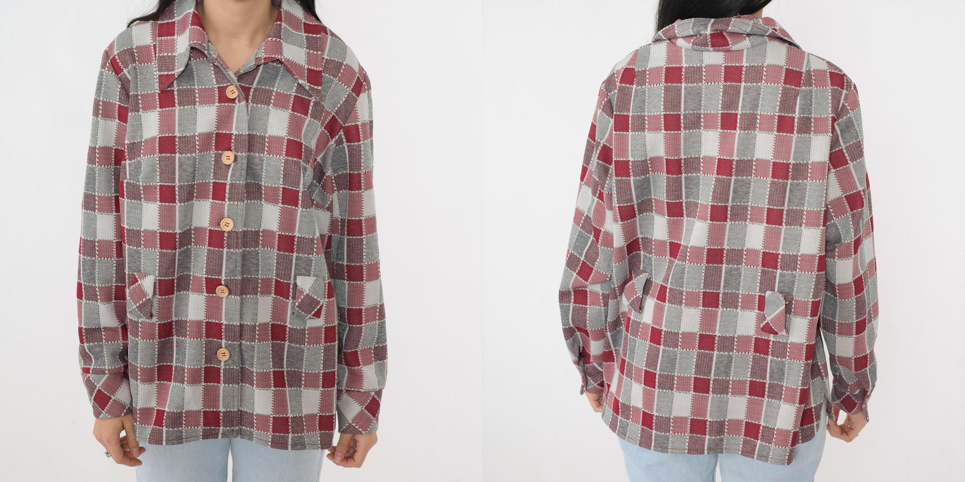 70s Grey Burgundy Plaid Button-Up Shirt Long Sleeve Collared Blouse Extra Large