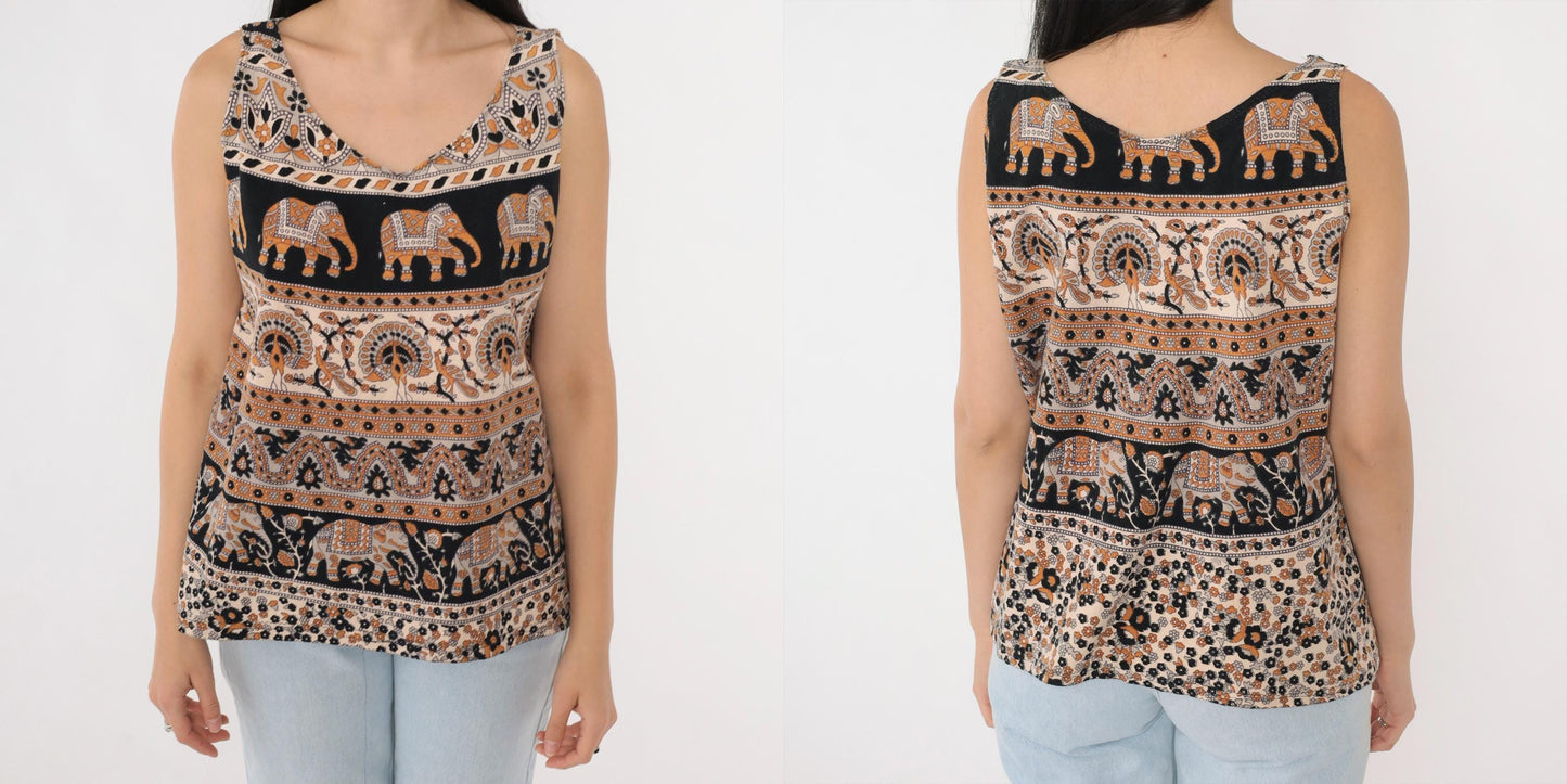 Y2K Elephant Peacock Print Tank Top Scoop Neck Black Orange Medium M