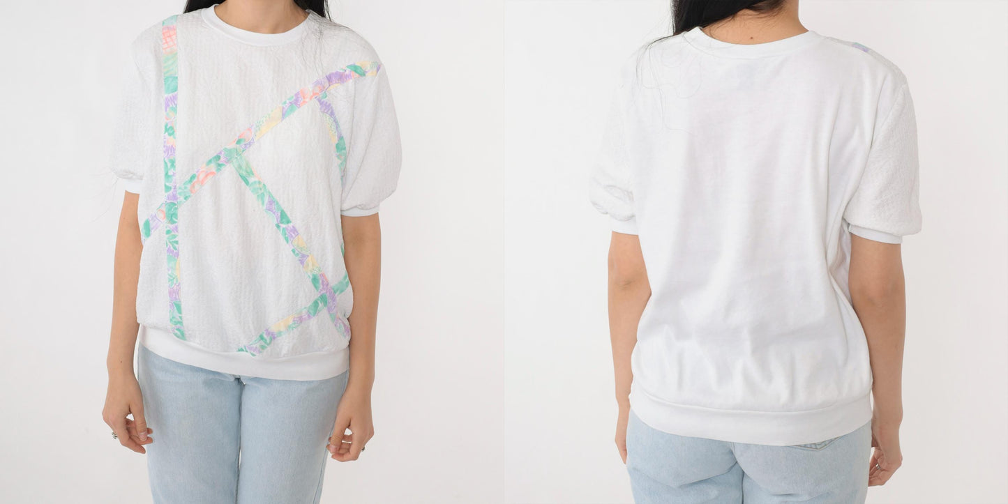 90s White Fruit Print Striped Short Sleeve Shirt Banded Hem Medium