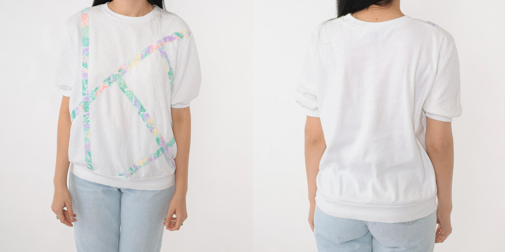 90s White Fruit Print Striped Short Sleeve Shirt Banded Hem Medium