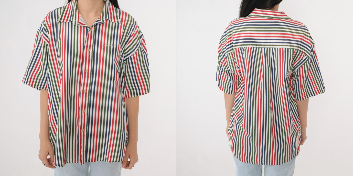90s Appalachian Trail Striped Cotton Button-Up Shirt Green Blue Red Men's Large