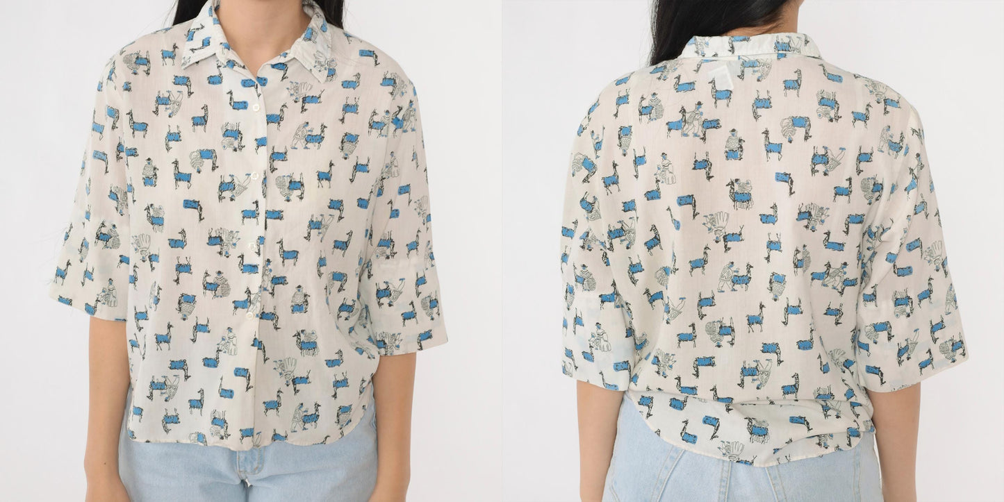 60s Majestic Llama Print Button Up Shirt White Blue South American Motif Medium