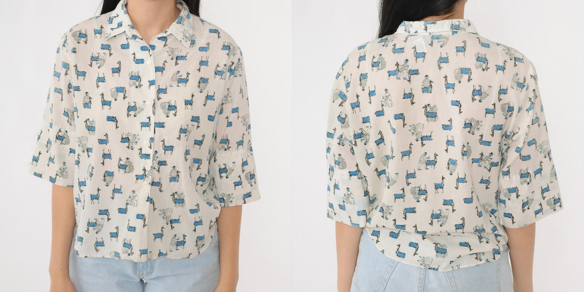 60s Majestic Llama Print Button Up Shirt White Blue South American Motif Medium