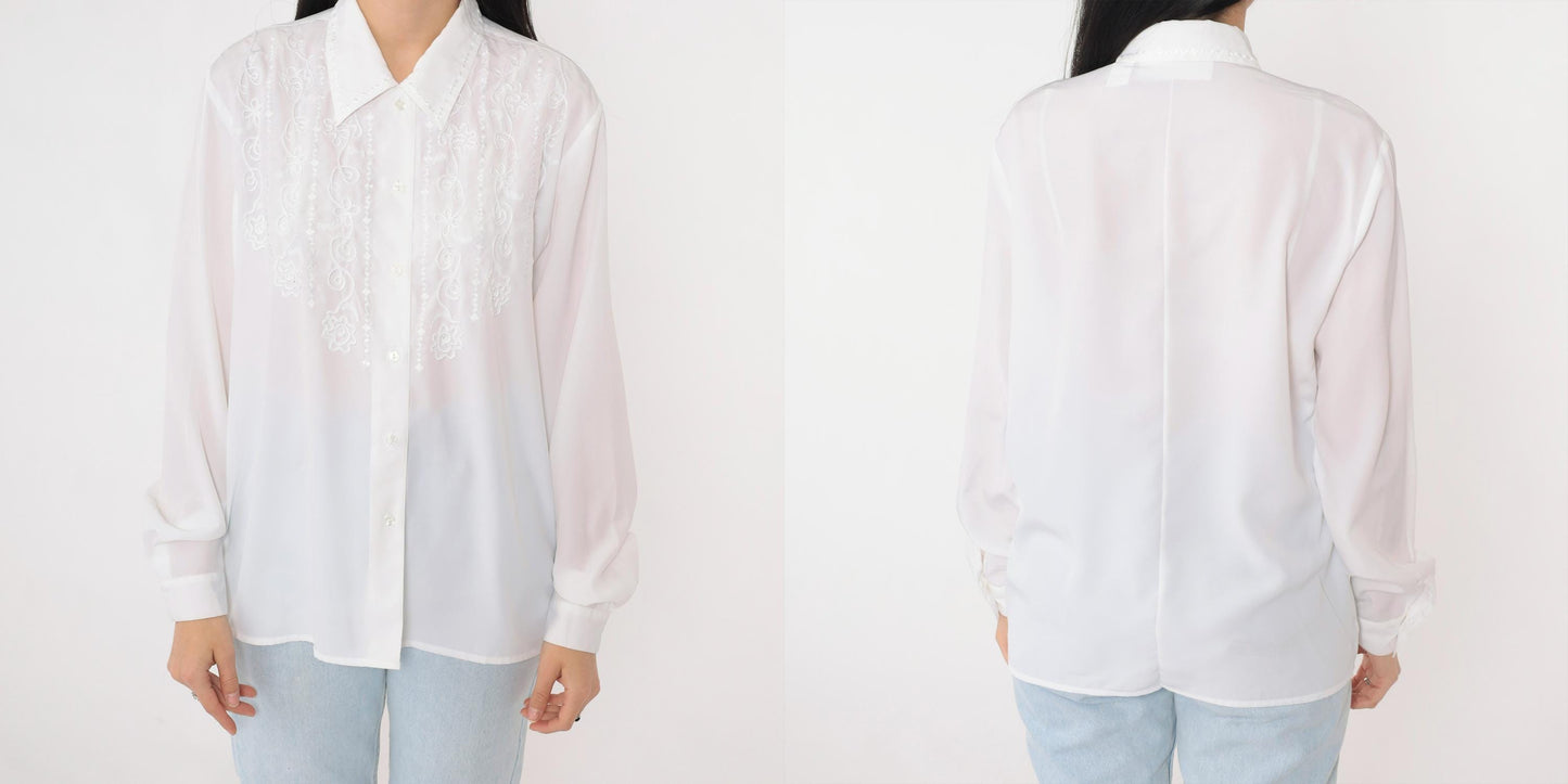 90s White Soutache Embroidered Blouse Floral Button-Up Long Sleeve Medium