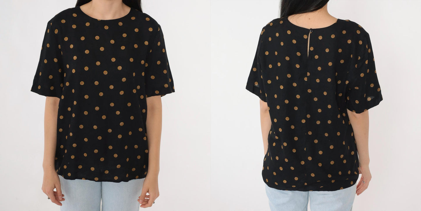 80s Norton McNaughton Black Coin Print Blouse Keyhole Back Medium